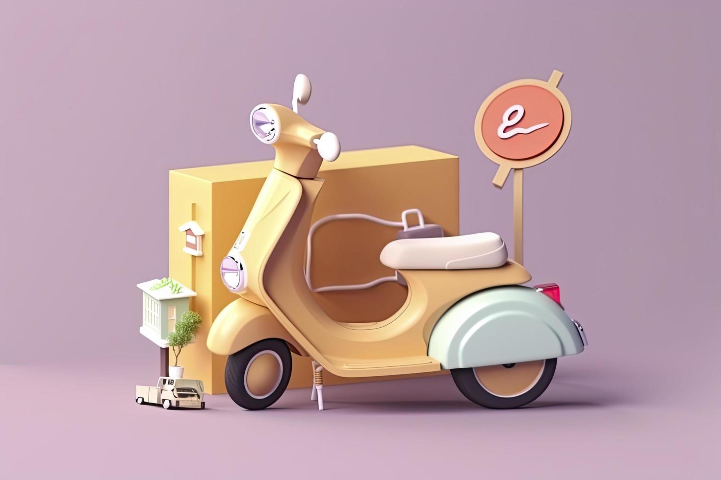 3d Vector Scooter with Box, Delivery Courier service, Time to shopping concept photo