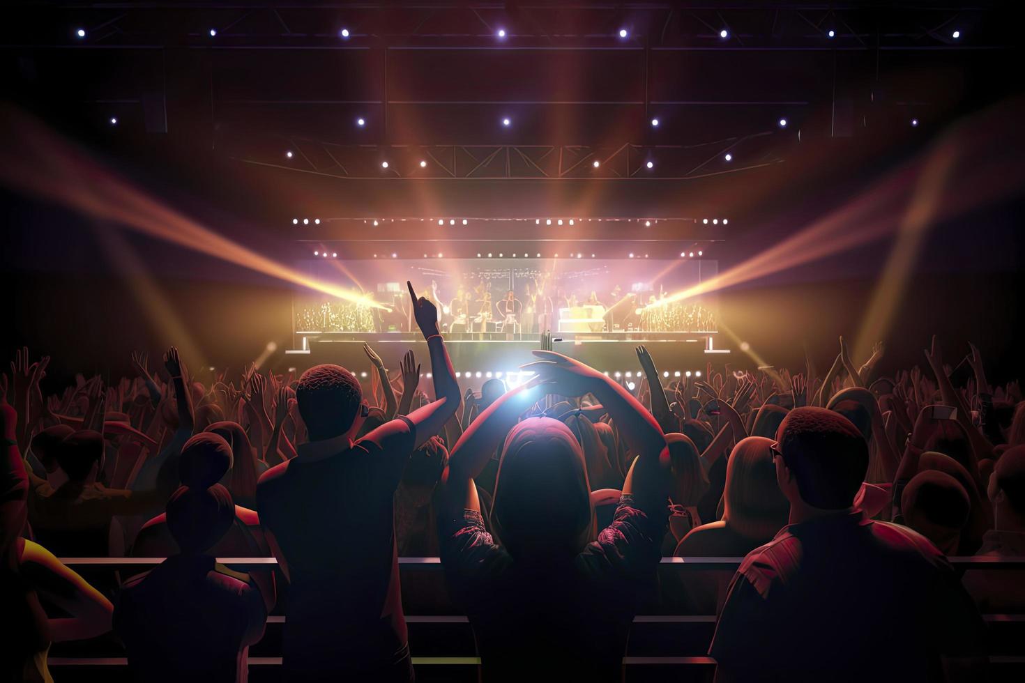 Future of crowded concert hall on stage with scene stage lights, rock show performance photo