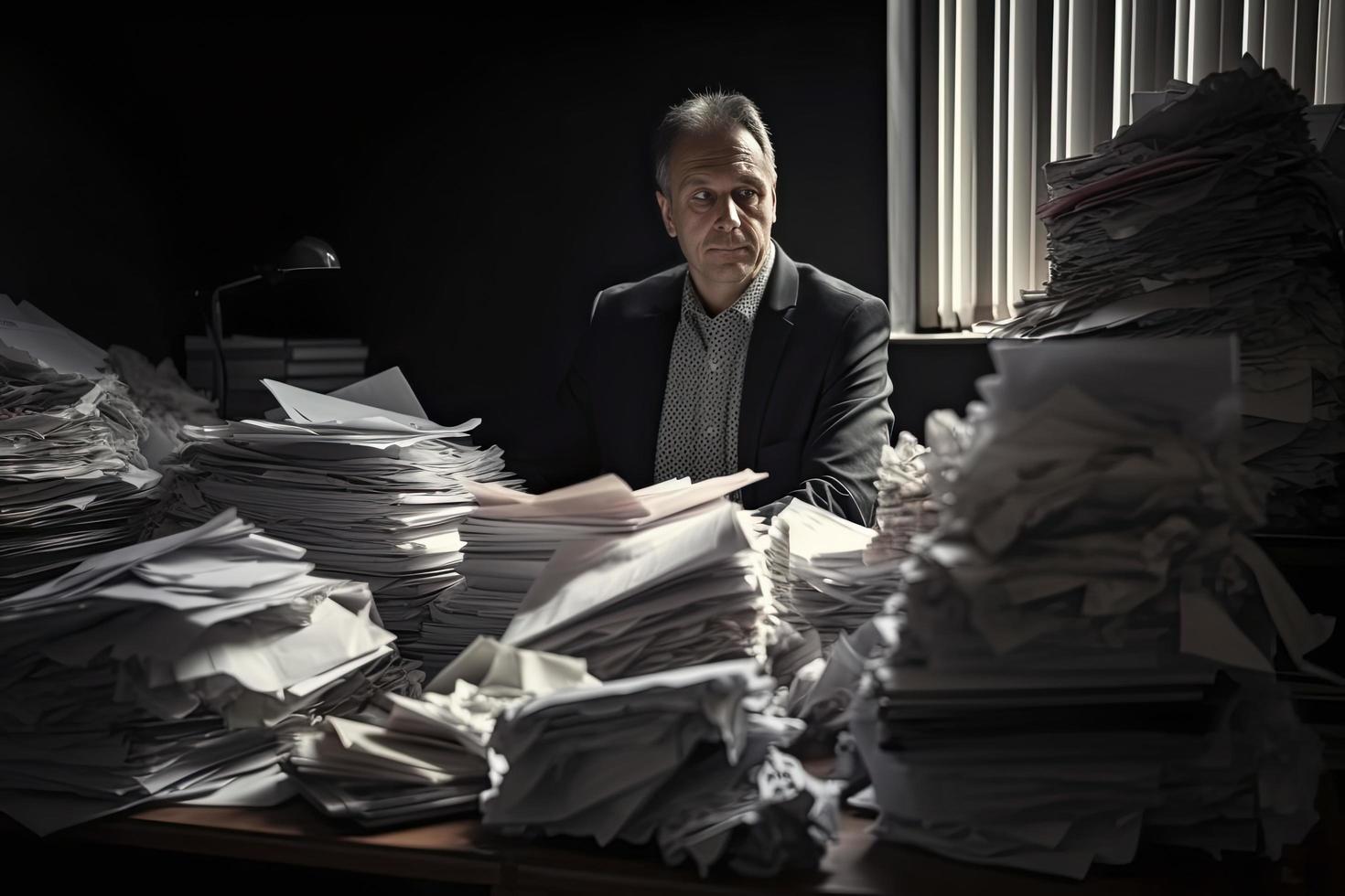 homme au milieu de piles de papiers sur son bureau photo