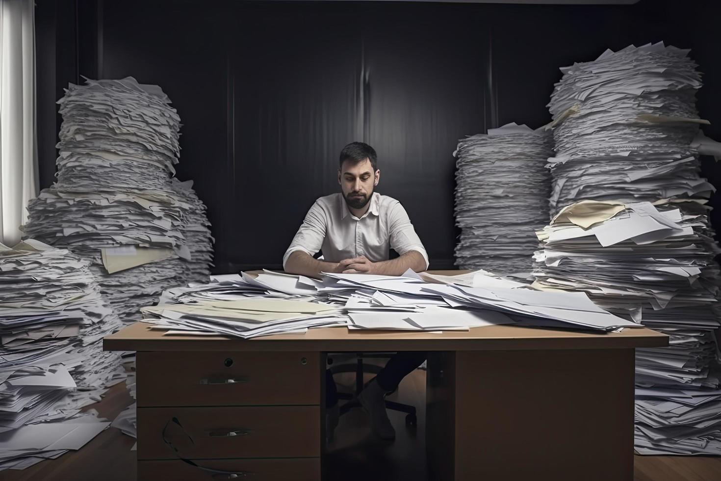 homme au milieu de piles de papiers sur son bureau photo