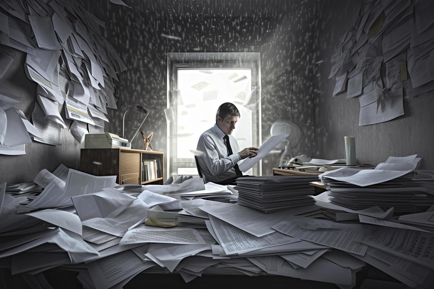 a conceptual collage about a businessman haunted by papers and reports representing the stress of the modern world at work. photo