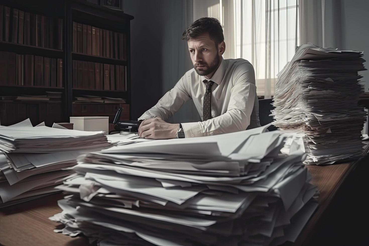 homme au milieu de piles de papiers sur son bureau photo