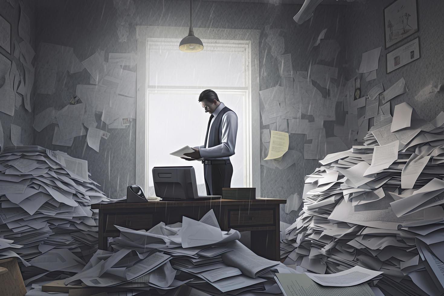 a conceptual collage about a businessman haunted by papers and reports representing the stress of the modern world at work. photo