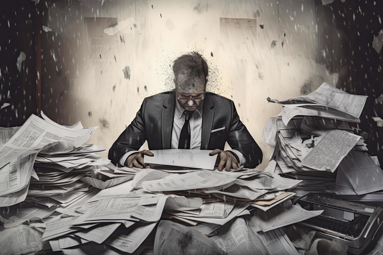 a conceptual collage about a businessman haunted by papers and reports representing the stress of the modern world at work. photo