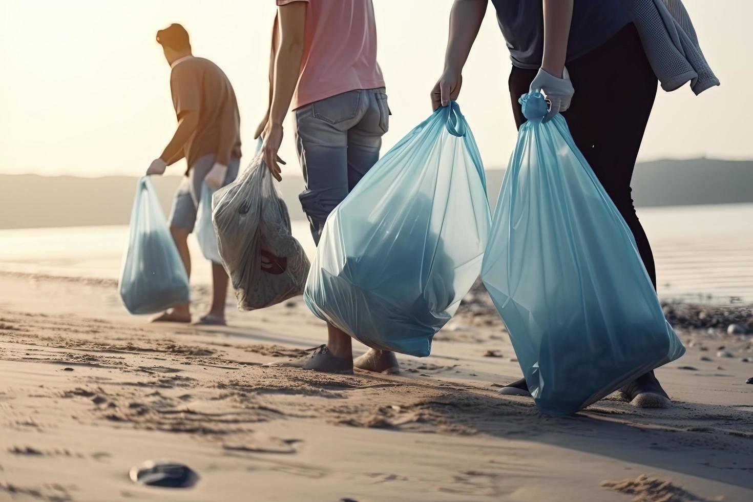 a group of unrecognizable people collecting garbage from the beach in blue bags for the problem of plastic pollution in the environment photo