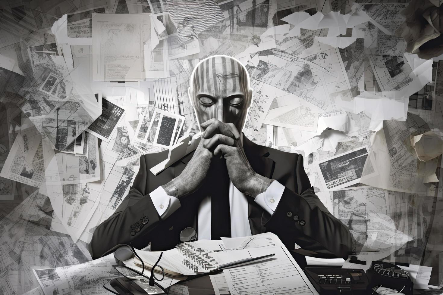 a conceptual collage about a businessman haunted by papers and reports representing the stress of the modern world at work. photo