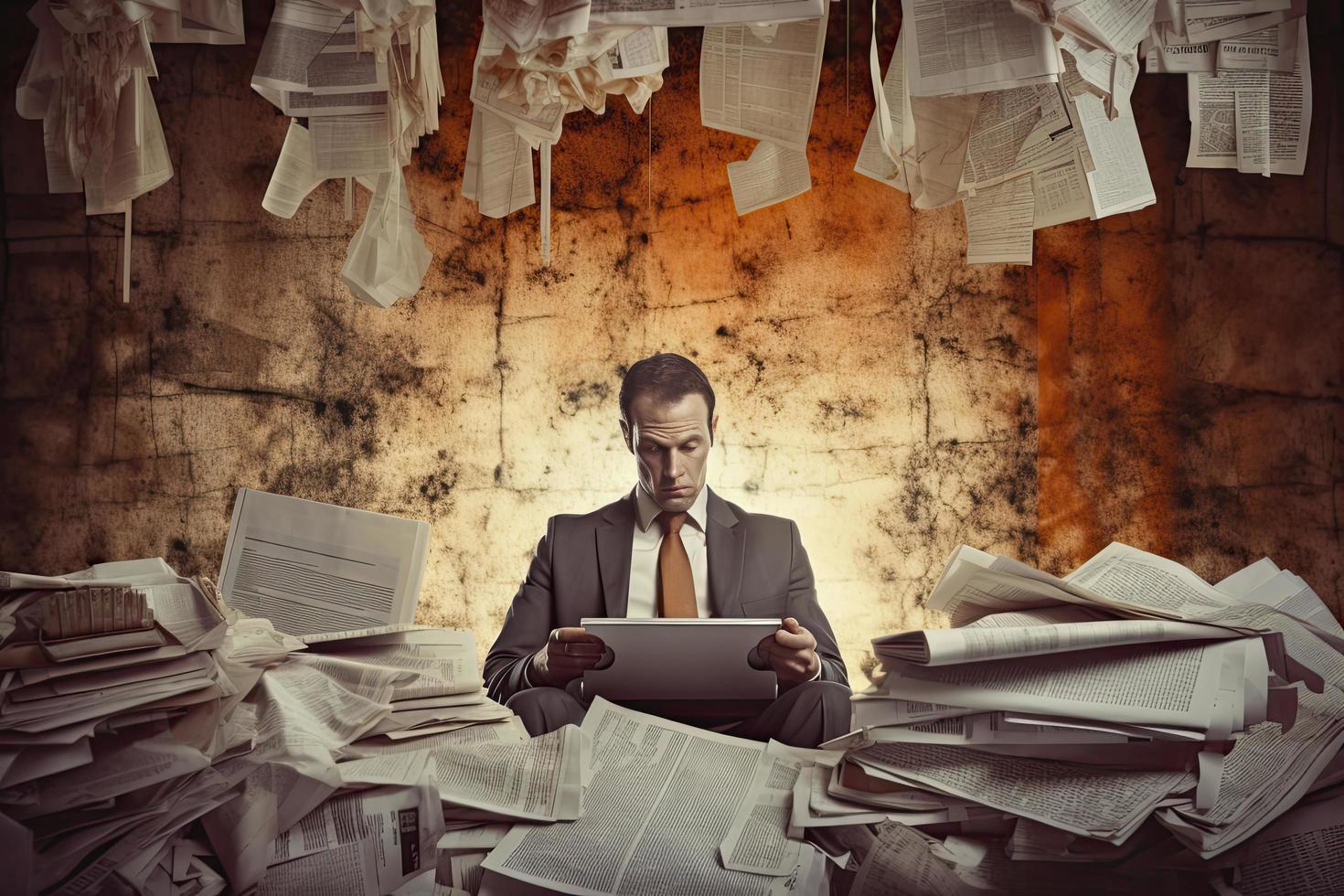 a conceptual collage about a businessman haunted by papers and reports representing the stress of the modern world at work. photo