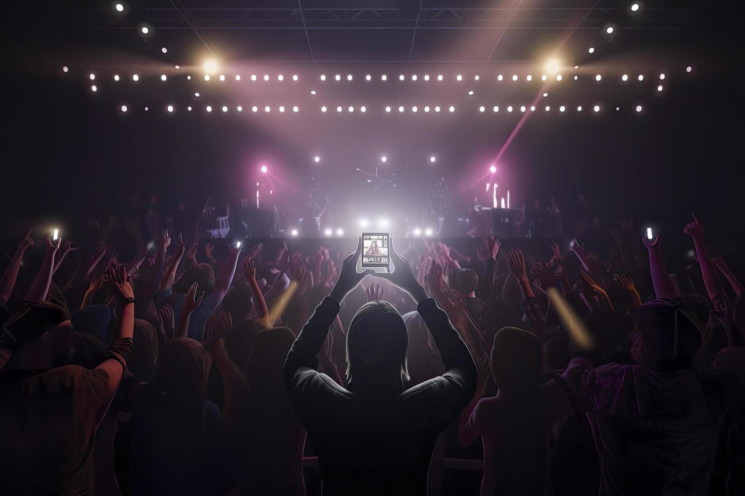 Future of crowded concert hall on stage with scene stage lights, rock show performance photo