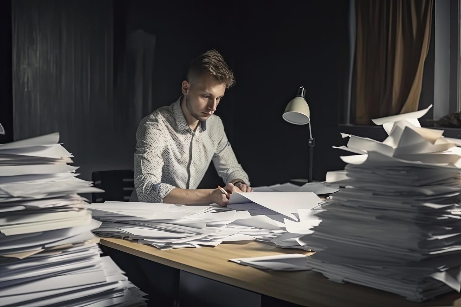 homme au milieu de piles de papiers sur son bureau photo