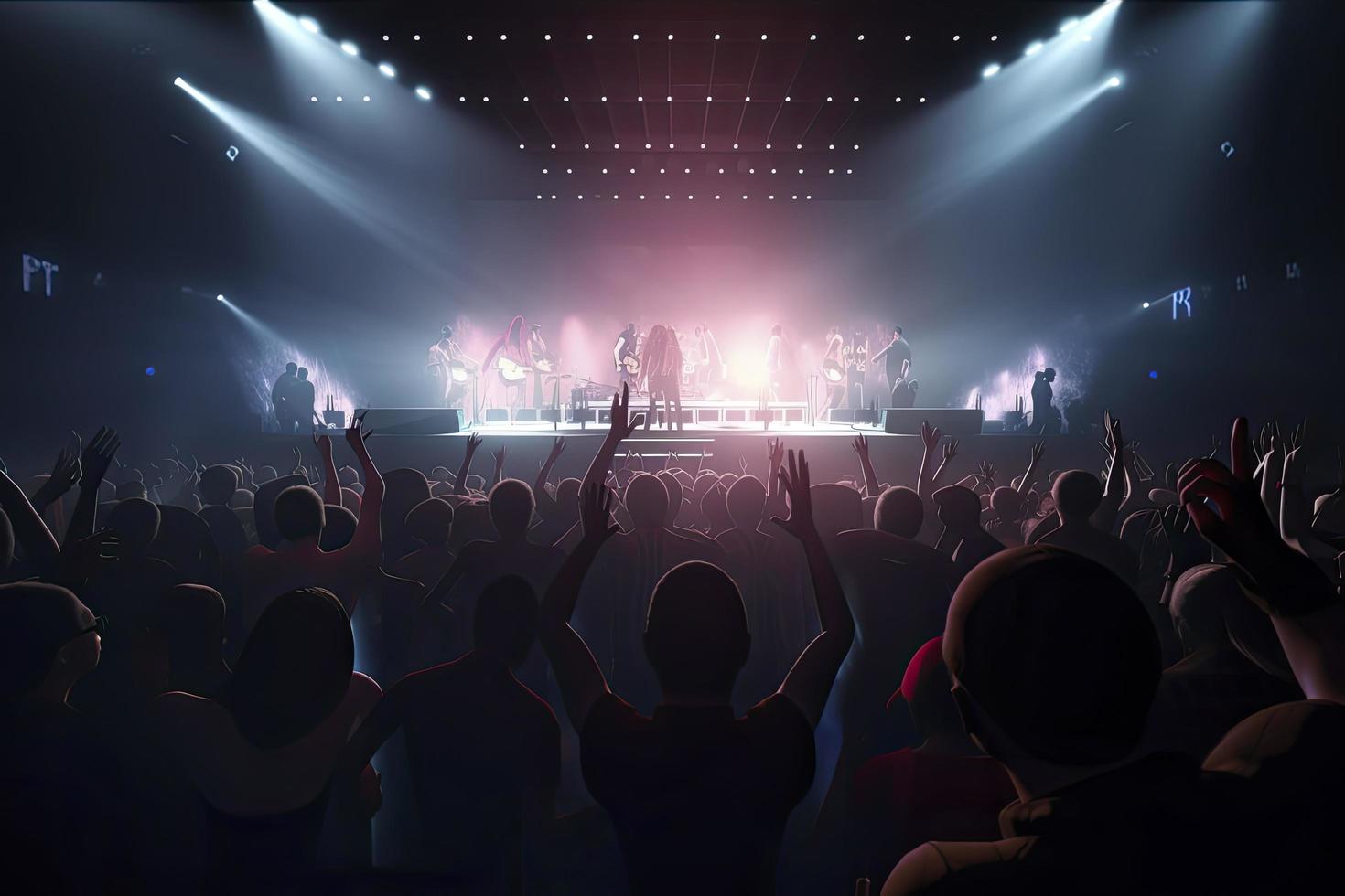 Future of crowded concert hall on stage with scene stage lights, rock show performance photo