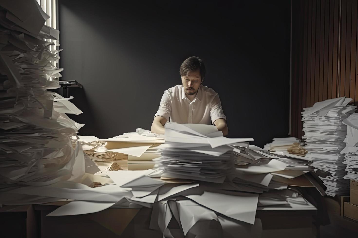 homme au milieu de piles de papiers sur son bureau photo