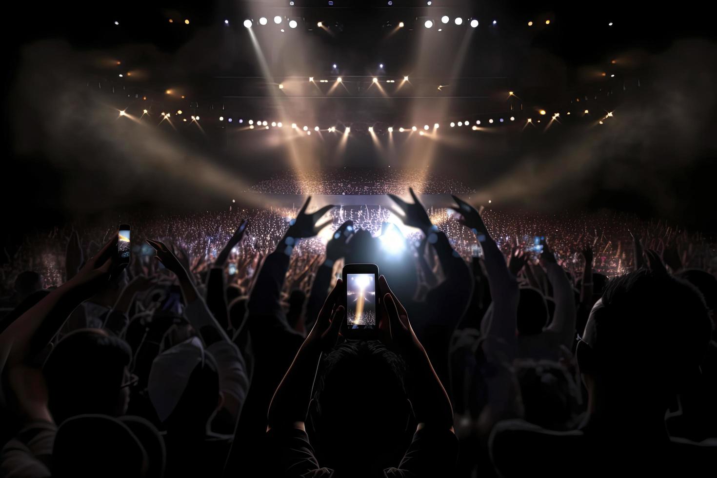 Future of crowded concert hall on stage with scene stage lights, rock show performance photo