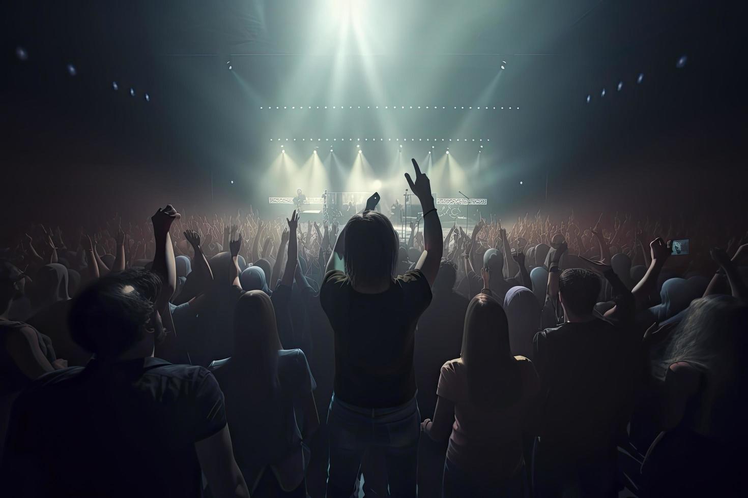 Future of crowded concert hall on stage with scene stage lights, rock show performance photo