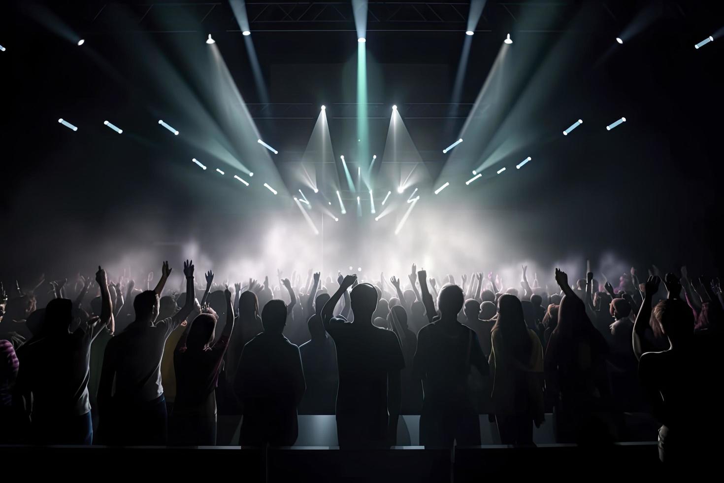 Future of crowded concert hall on stage with scene stage lights, rock show performance photo