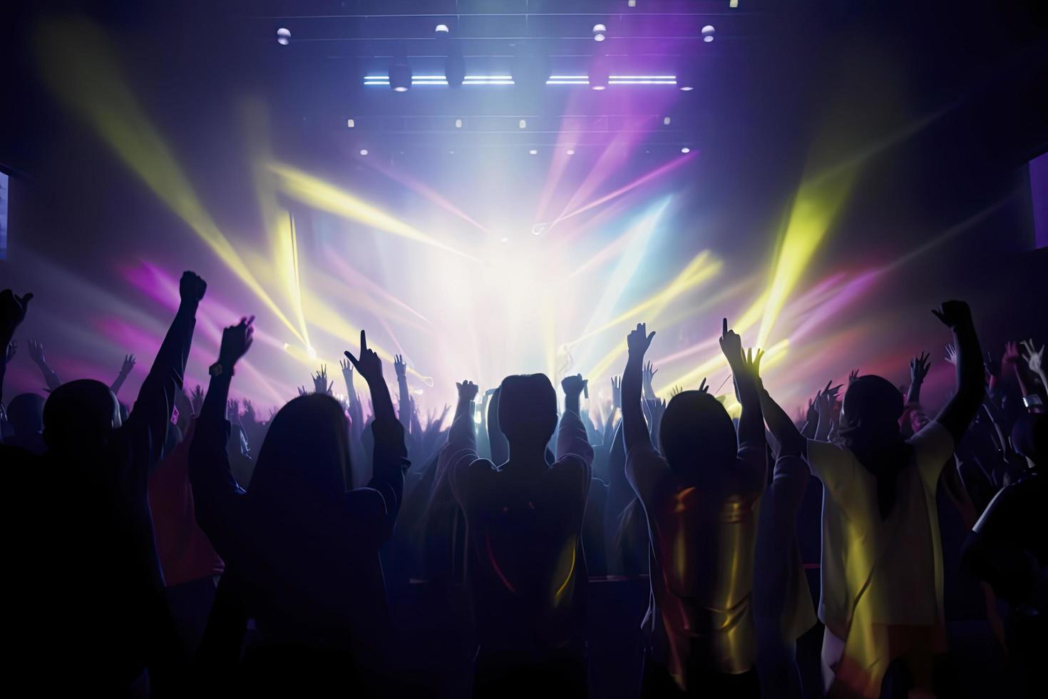 Future of crowded concert hall on stage with scene stage lights, rock show performance photo