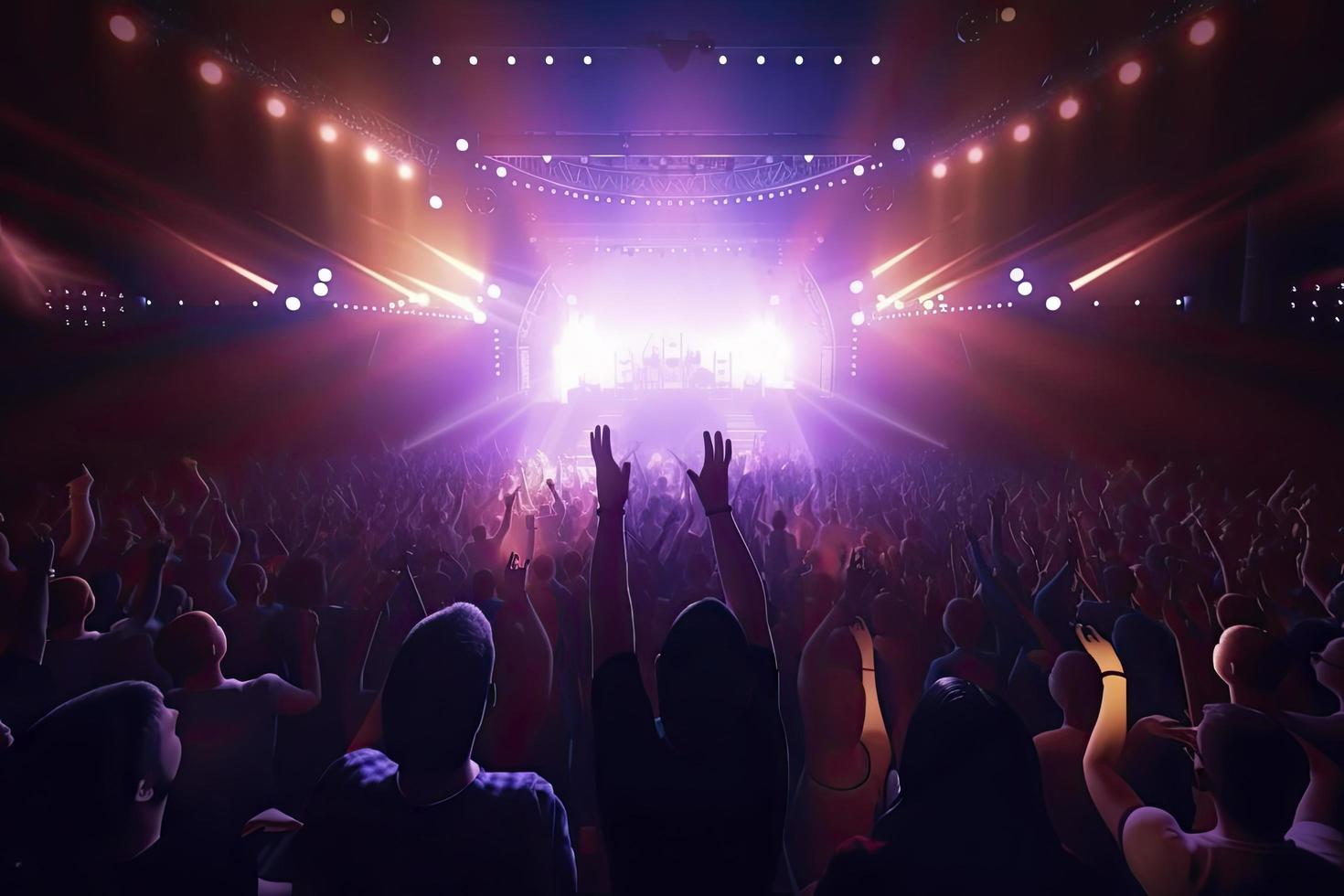 Future of crowded concert hall on stage with scene stage lights, rock show performance photo