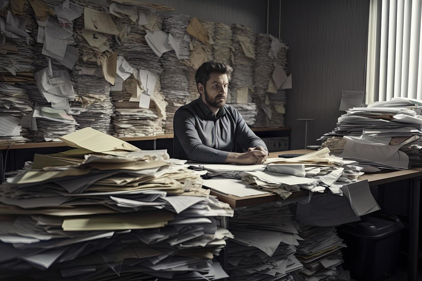 homme au milieu de piles de papiers sur son bureau photo