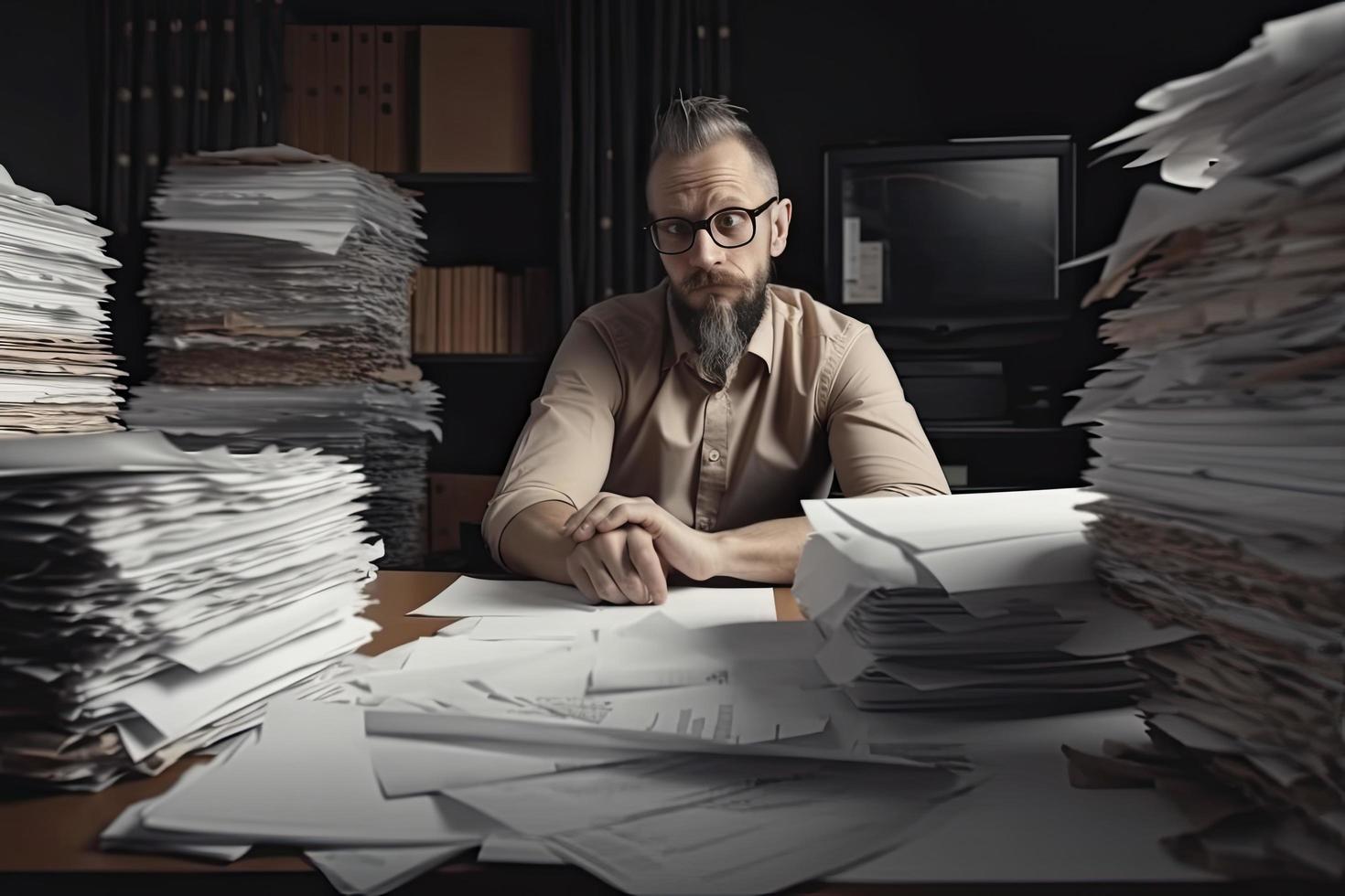 homme au milieu de piles de papiers sur son bureau photo