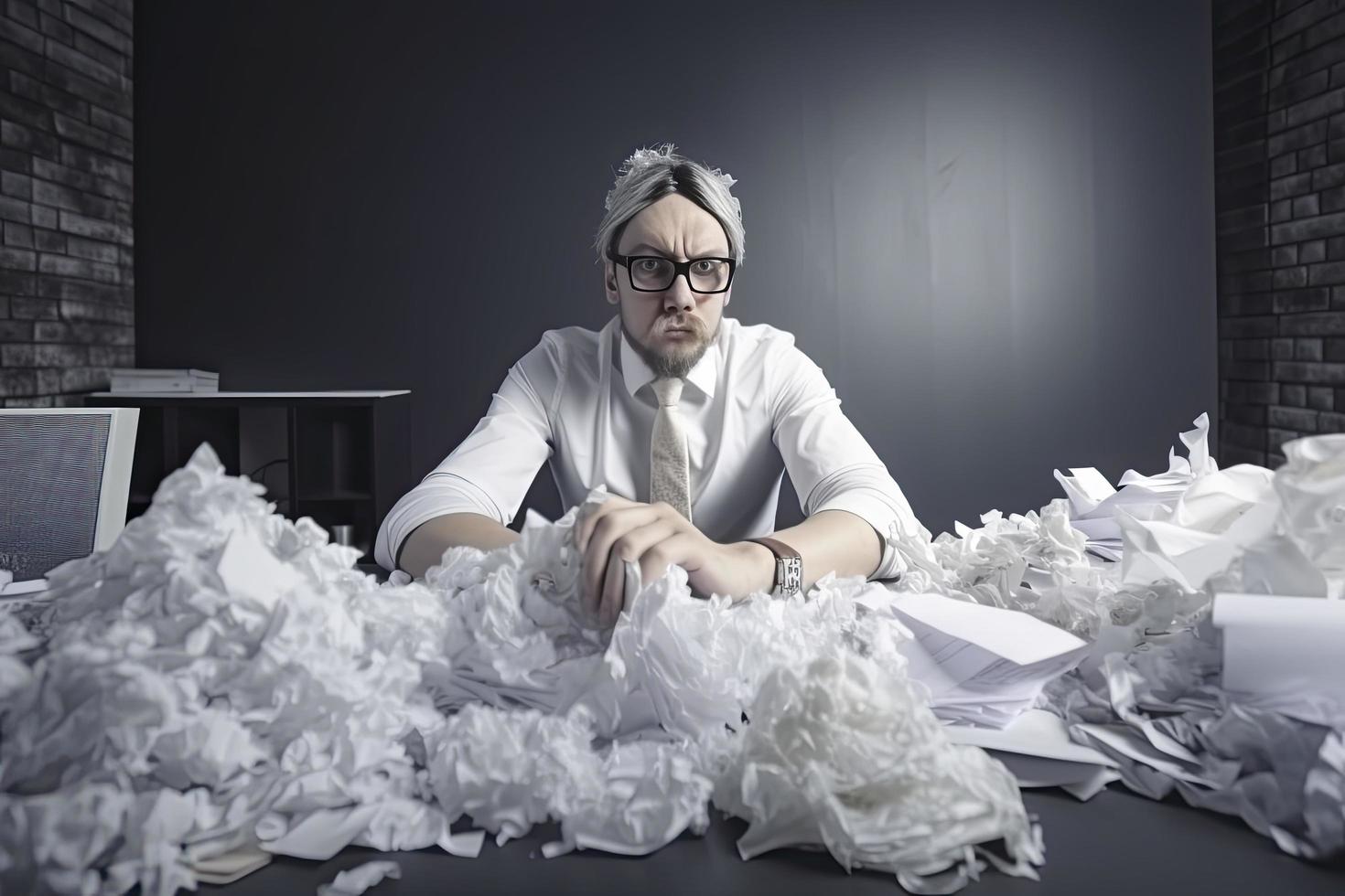 homme au milieu de piles de papiers sur son bureau photo