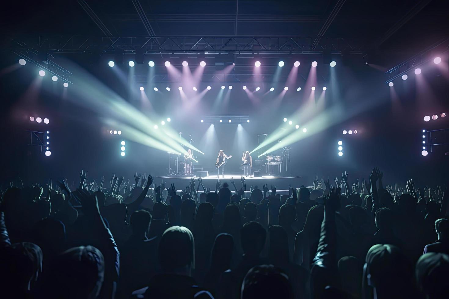 Future of crowded concert hall on stage with scene stage lights, rock show performance photo