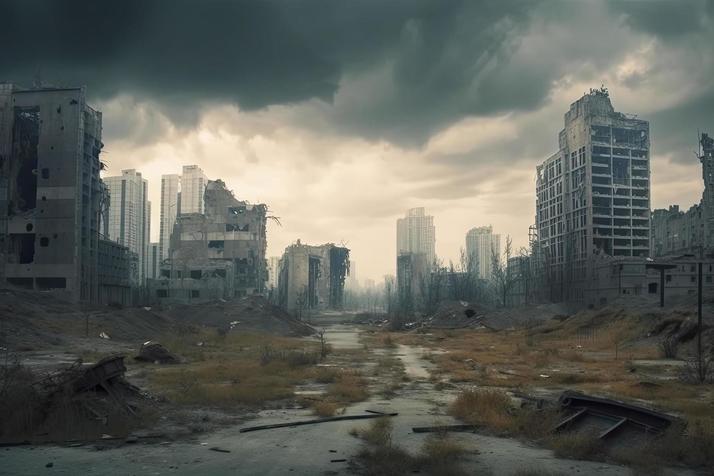 Post-apocalyptic landscape. City after the effects of global warming. Climate changes concept photo