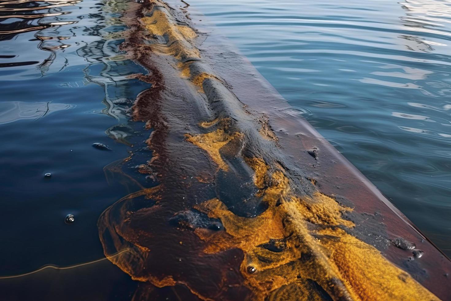 petróleo fuga desde Embarcacion , petróleo derramar contaminación contaminado agua superficie. agua contaminación como un resultado de humano ocupaciones foto