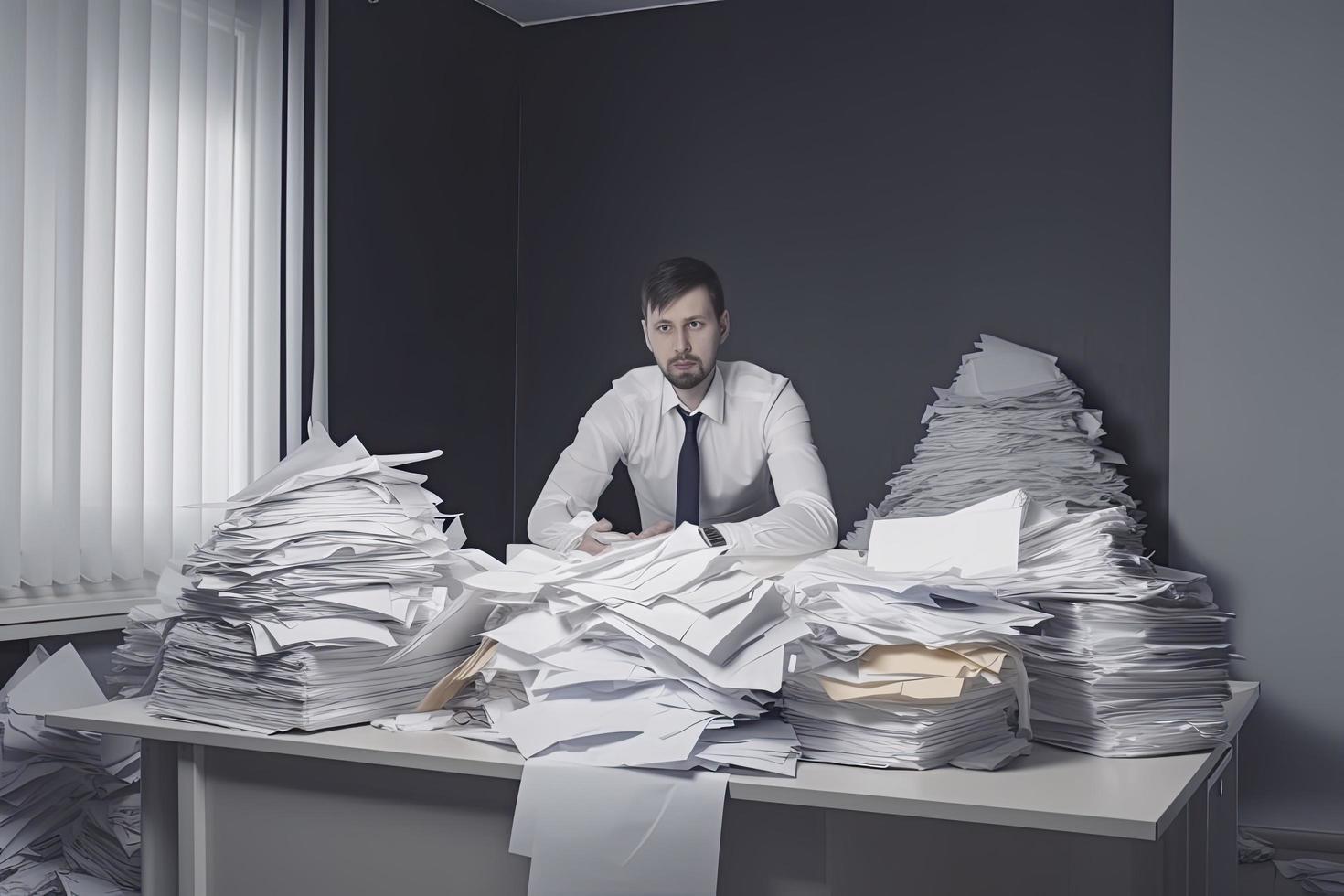 homme au milieu de piles de papiers sur son bureau photo