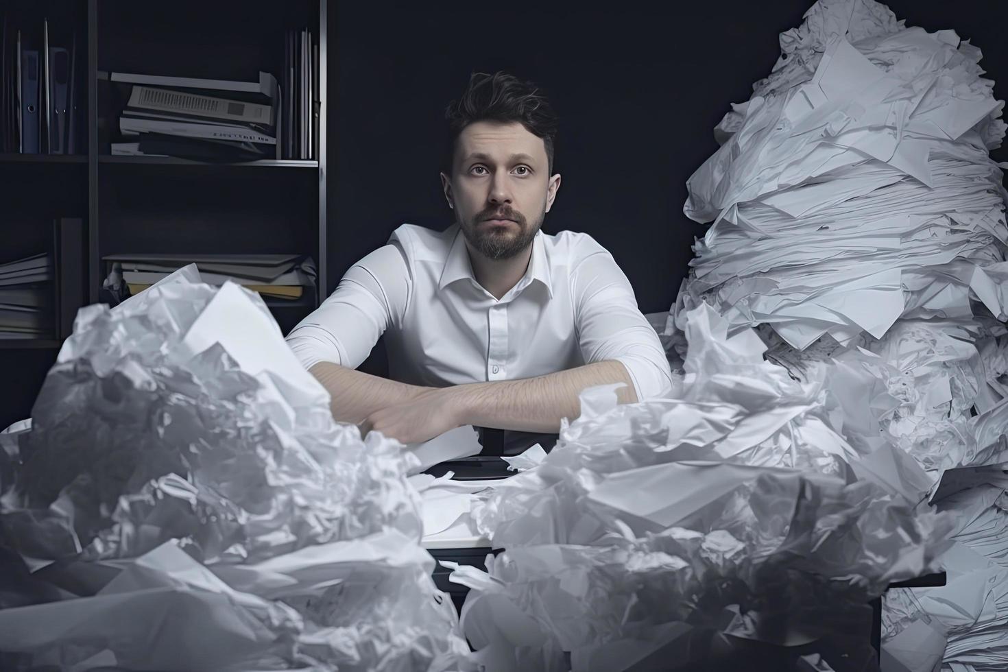 homme au milieu de piles de papiers sur son bureau photo