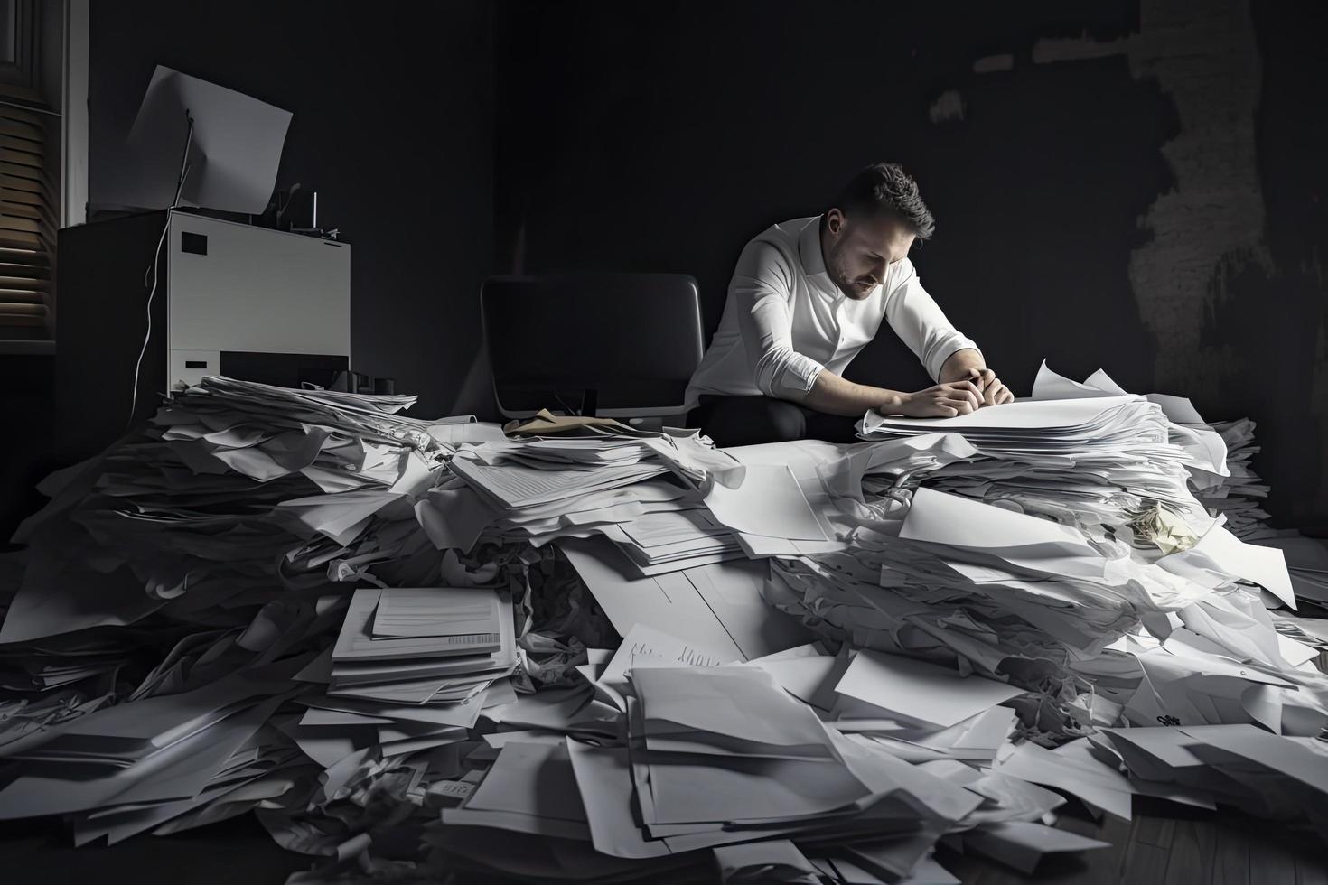 homme au milieu de piles de papiers sur son bureau photo