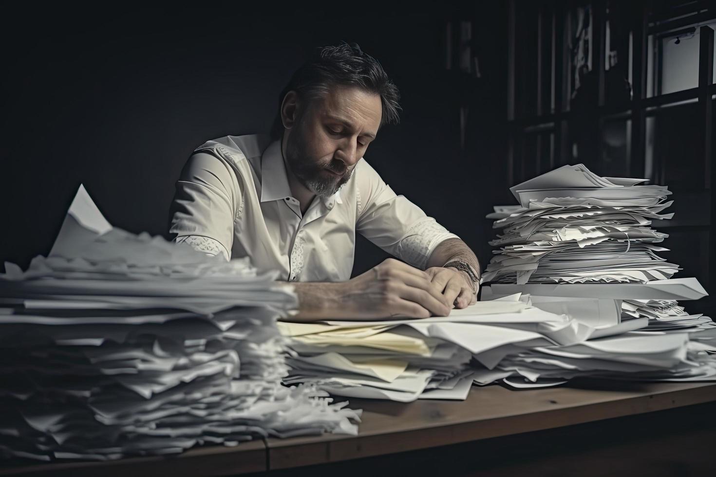 homme au milieu de piles de papiers sur son bureau photo