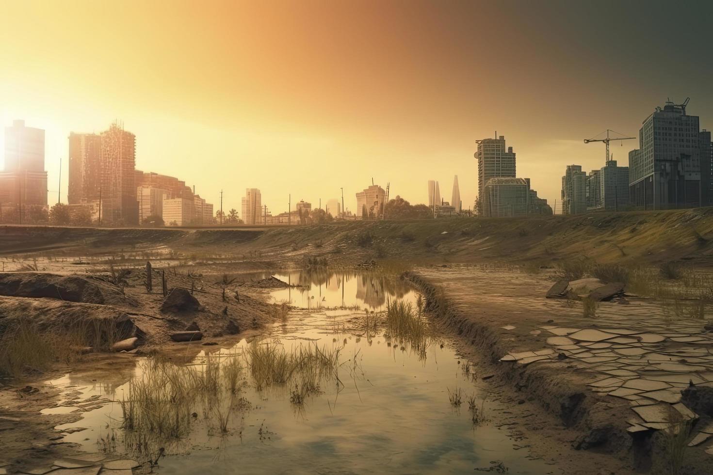 Post-apocalyptic landscape. City after the effects of global warming. Climate changes concept photo