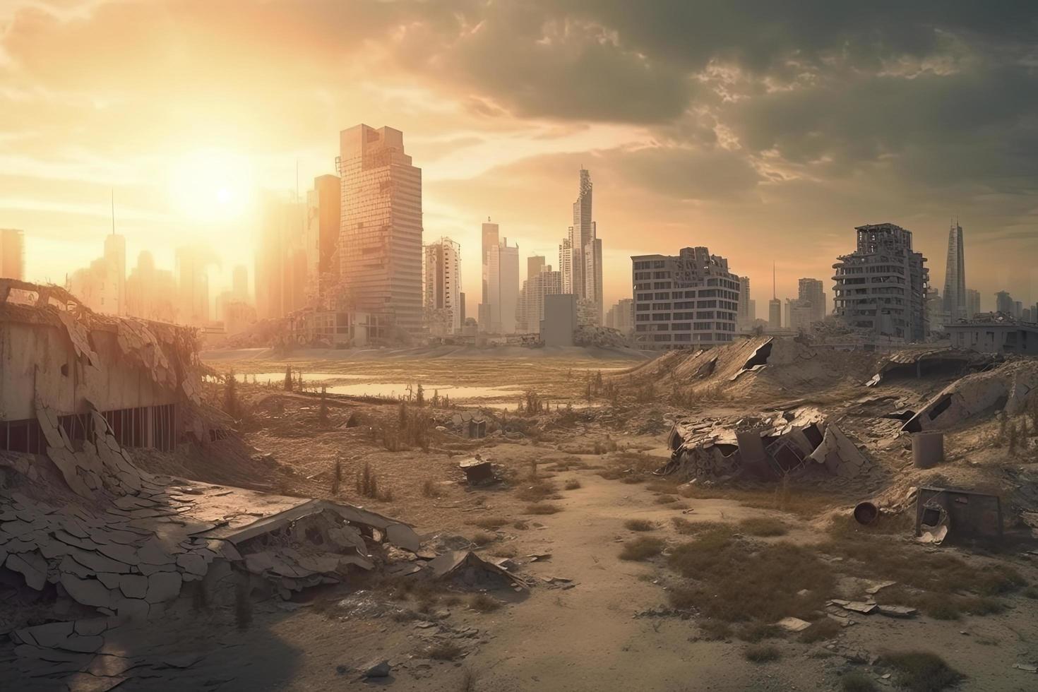 Post-apocalyptic landscape. City after the effects of global warming. Climate changes concept photo