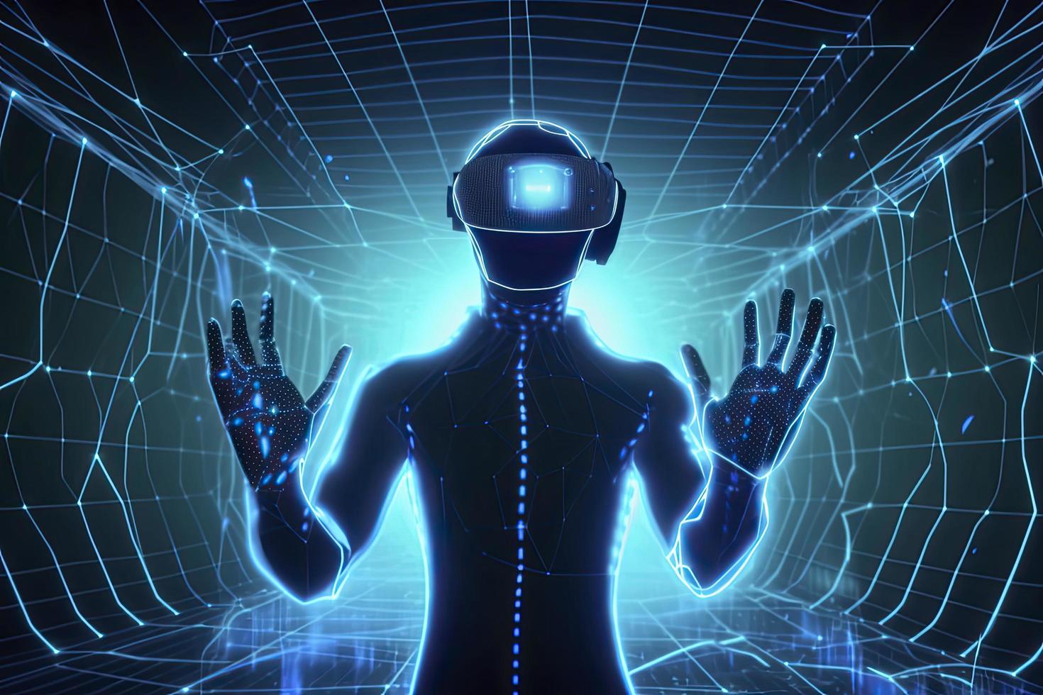 Metaverse technology future concept. VR virtual digital reality cyber metaverse simulation Innovation photo