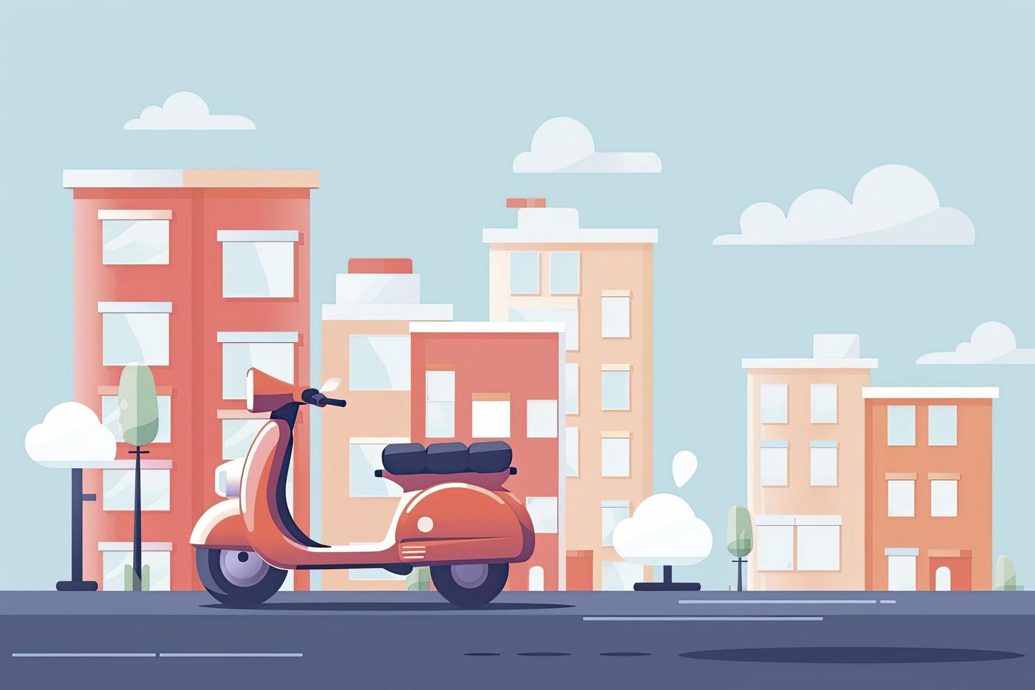 Scooter Grocery Delivery,City Sky Background Flat Design 21549078 Stock