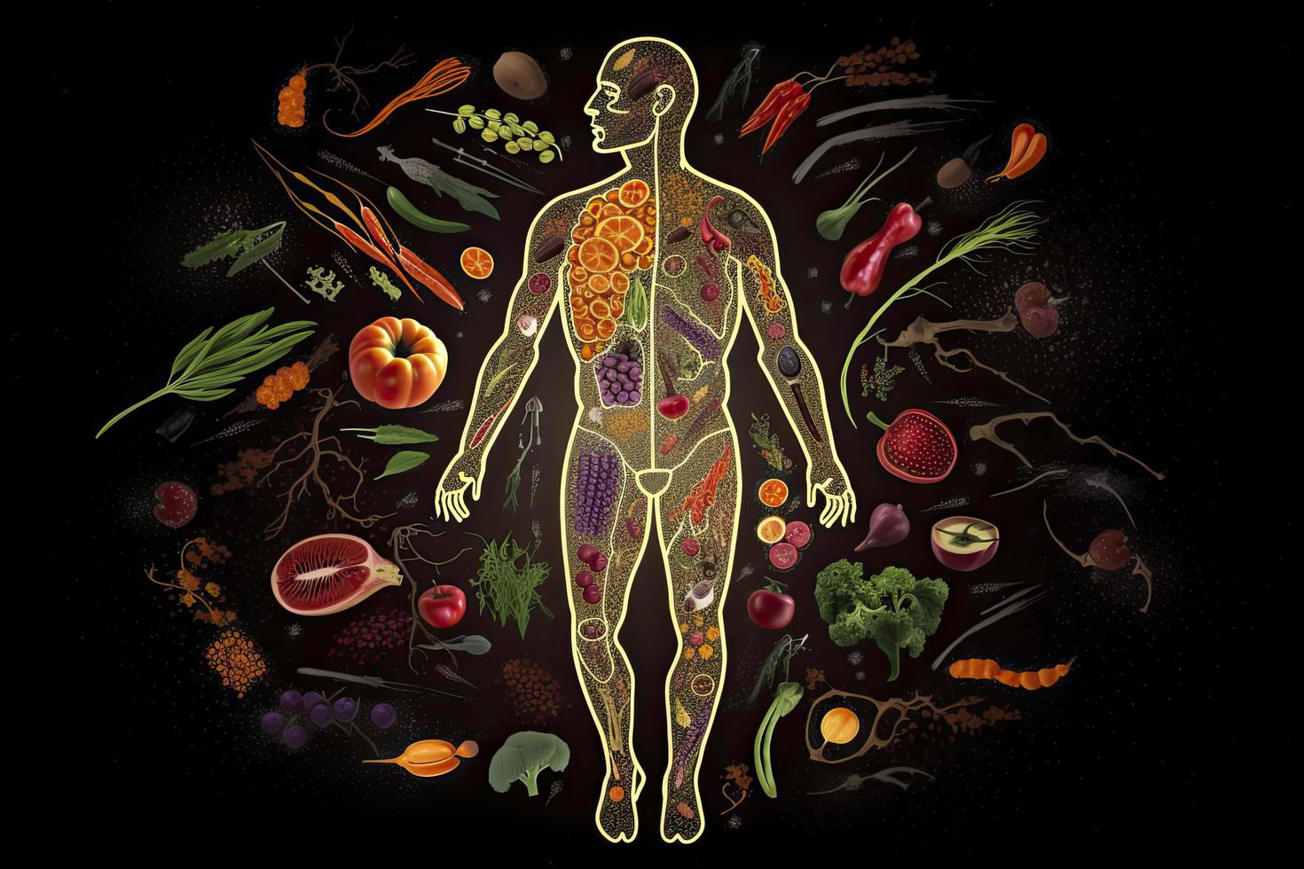 outline of a human with bolts of energy running through the body, the body is surrounded by fruit photo