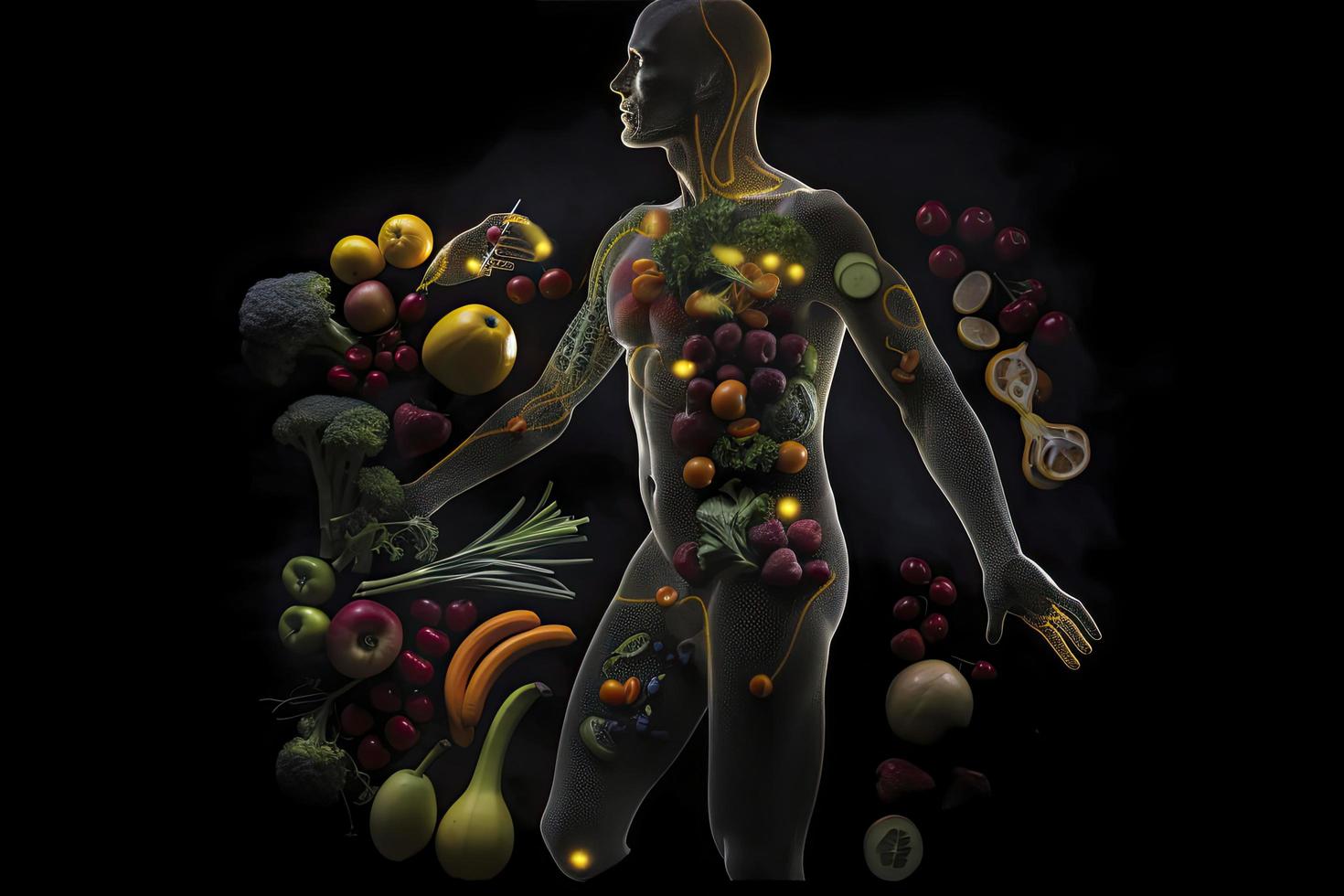 outline of a human with bolts of energy running through the body, the body is surrounded by fruit photo