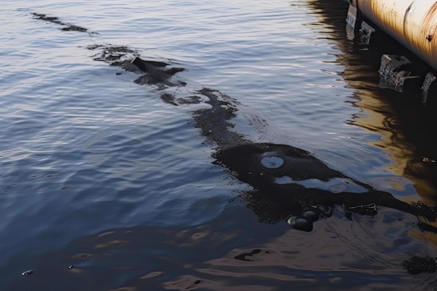 petróleo fuga desde Embarcacion , petróleo derramar contaminación contaminado agua superficie. agua contaminación como un resultado de humano ocupaciones foto