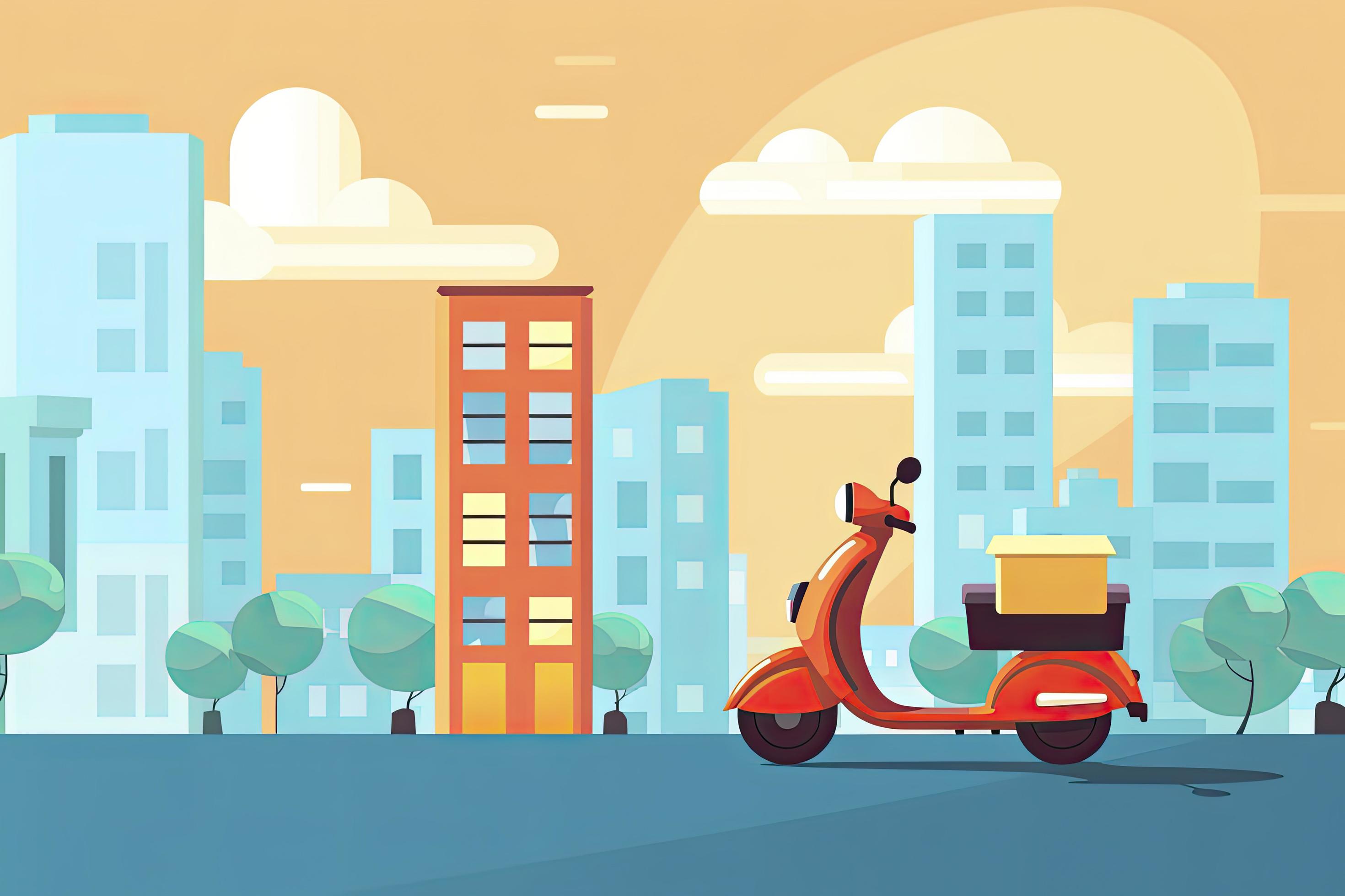 Scooter Grocery Delivery,City Sky Background Flat Design 21549087 Stock