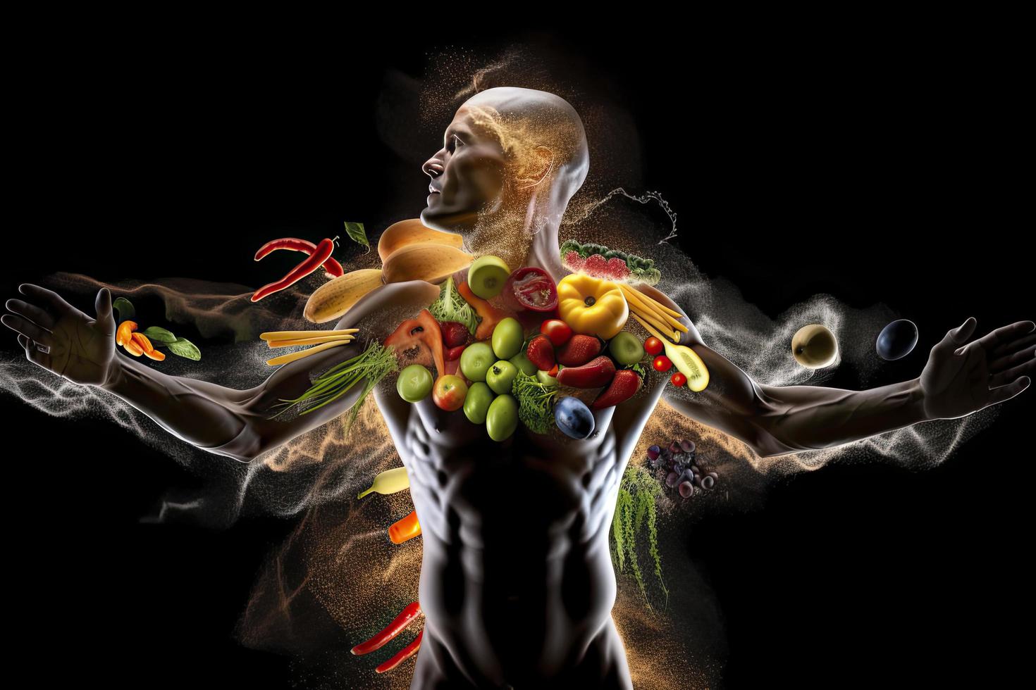outline of a human with bolts of energy running through the body, the body is surrounded by fruit photo