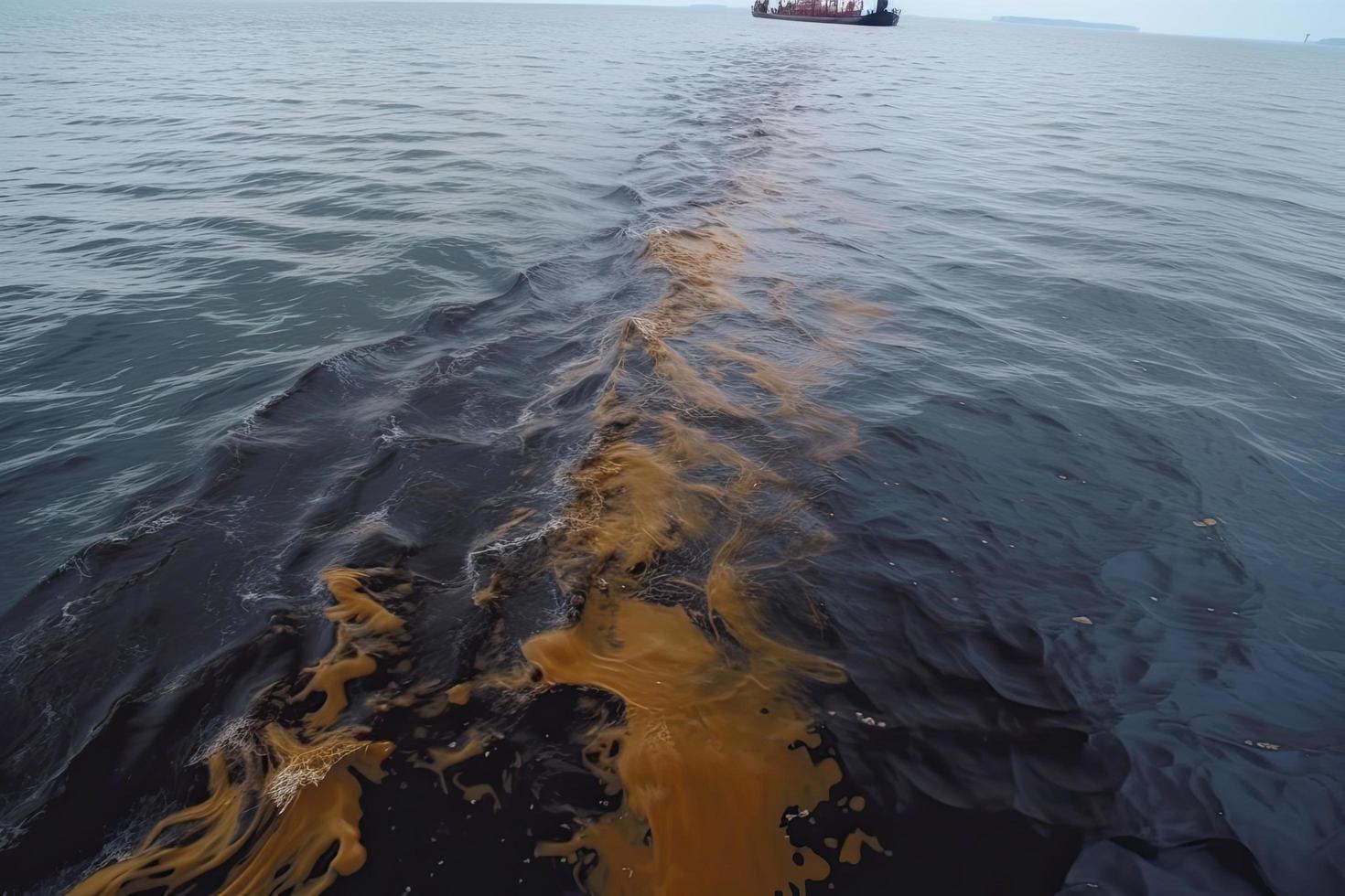 petróleo fuga desde Embarcacion , petróleo derramar contaminación contaminado agua superficie. agua contaminación como un resultado de humano ocupaciones foto