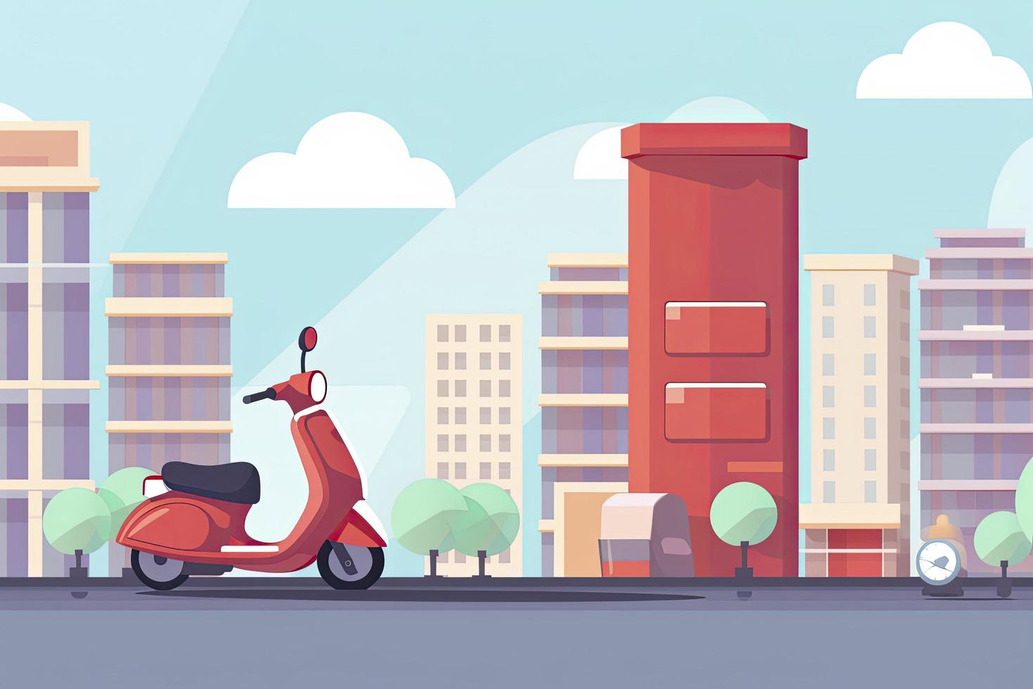 Scooter Grocery Delivery,City Sky Background Flat Design 21549095 Stock