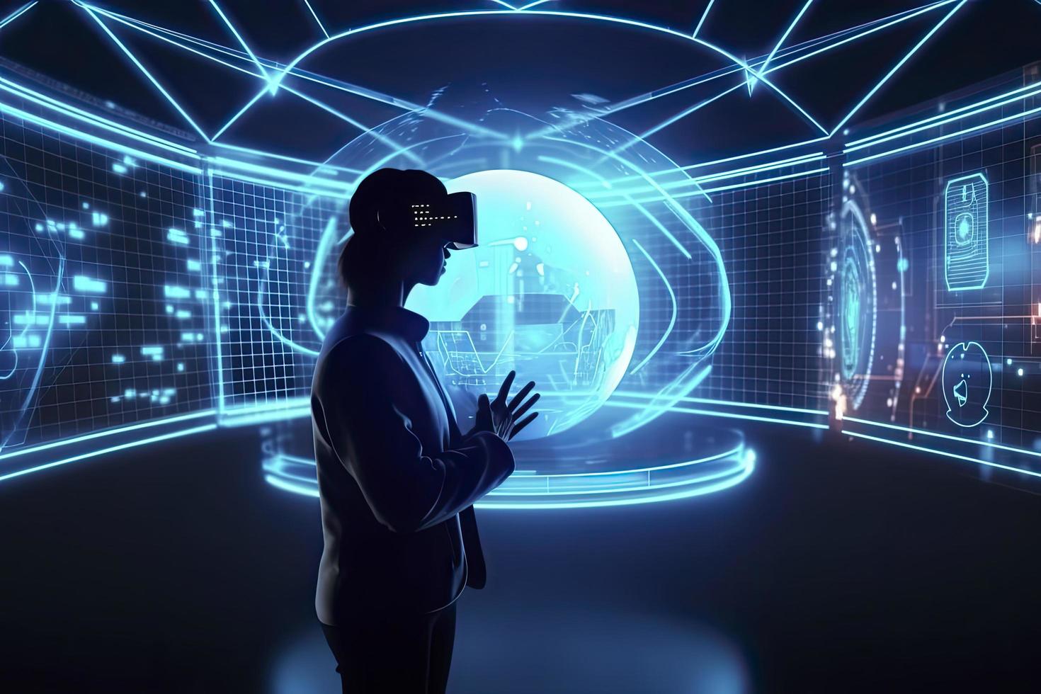 Metaverse technology future concept. VR virtual digital reality cyber metaverse simulation Innovation photo