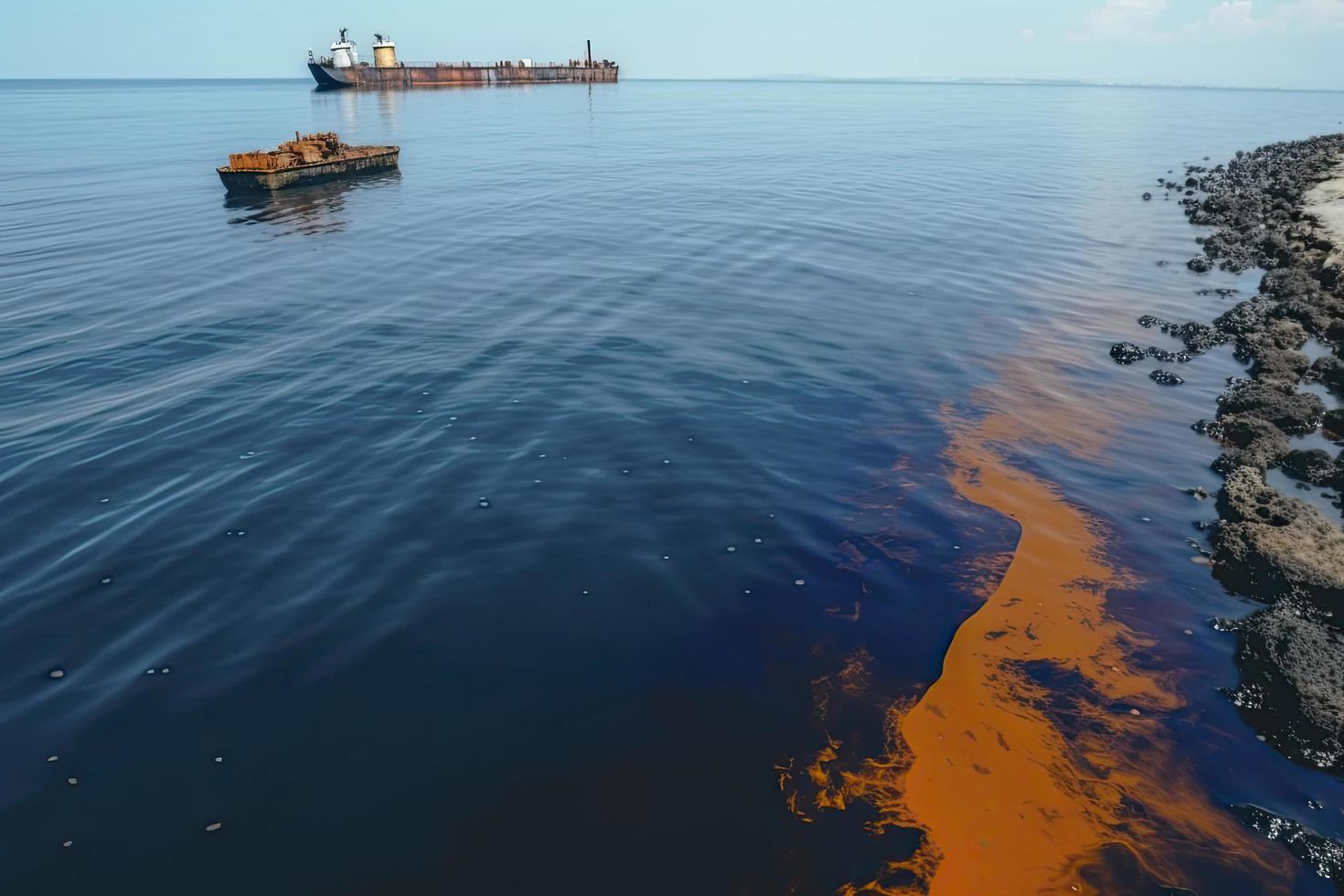 Oil leak from Ship , Oil spill pollution polluted water surface. water pollution as a result of human activities photo