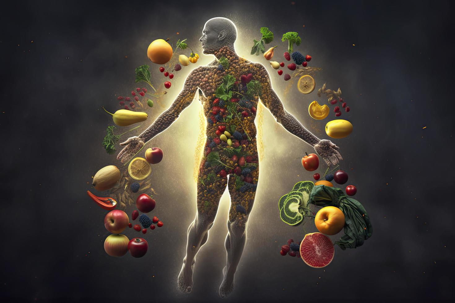 outline of a human with bolts of energy running through the body, the body is surrounded by fruit photo