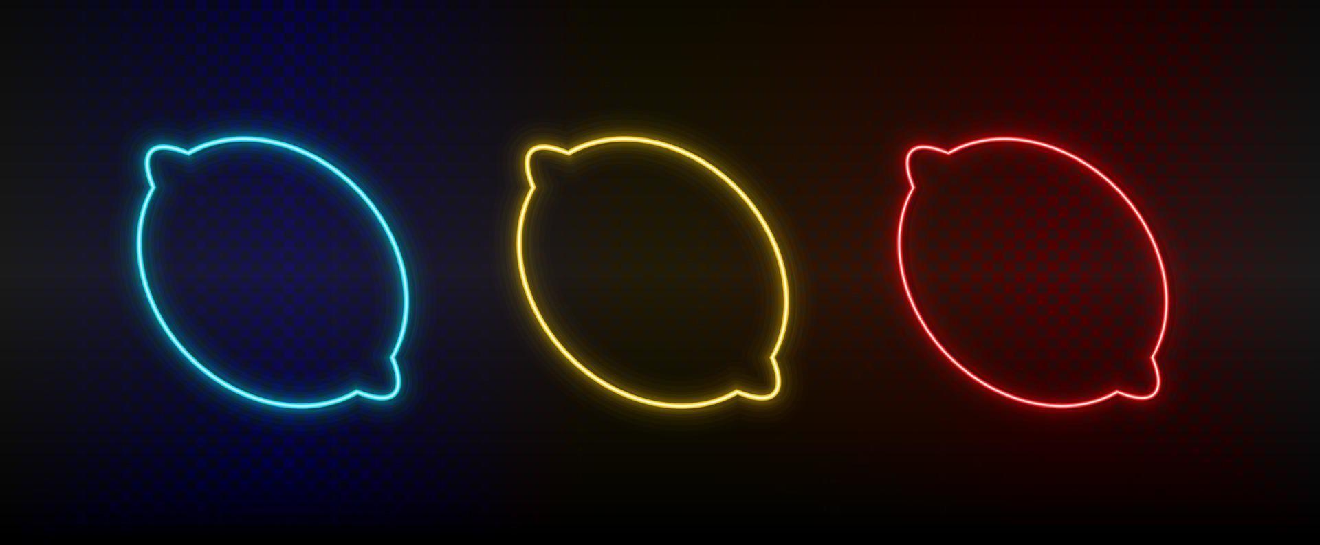 Neon icon set lemon. Set of red, blue, yellow neon vector icon on dark background