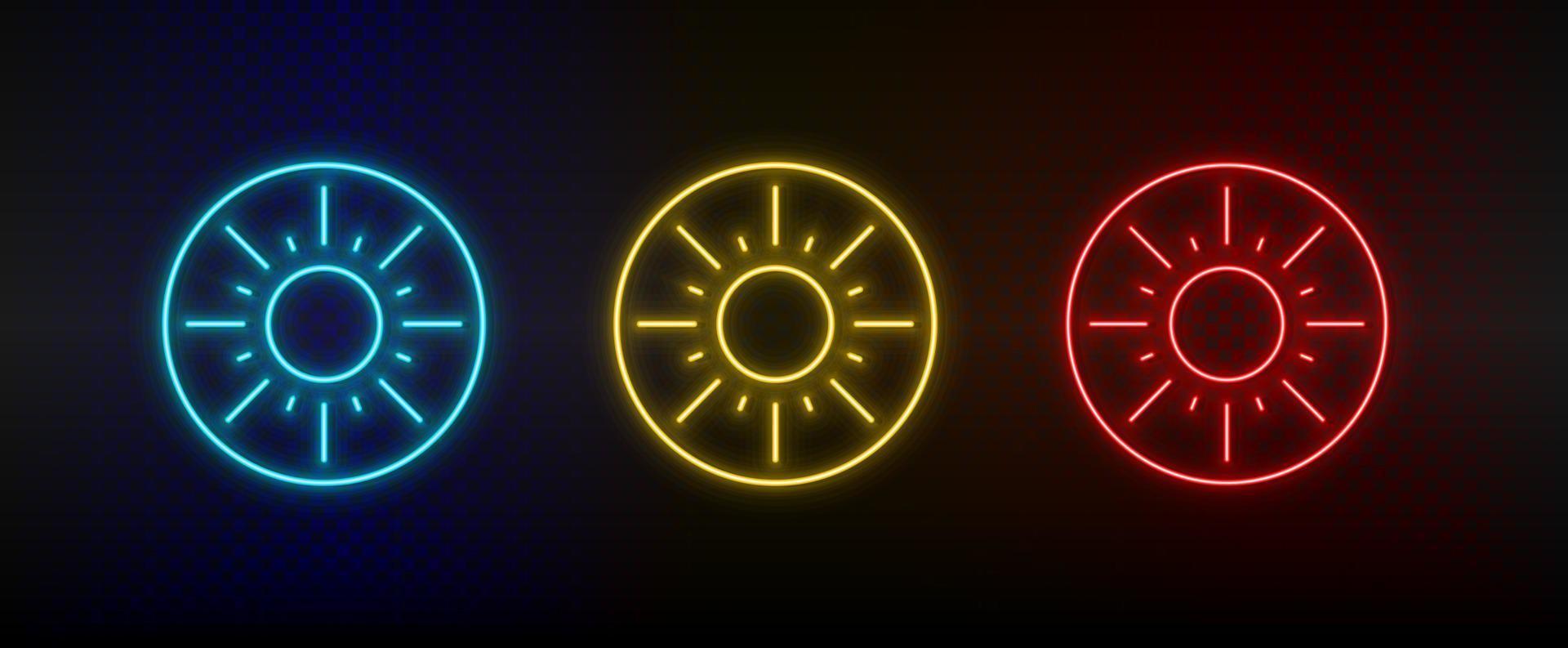 Neon icon set exotic fruit, kiwi. Set of red, blue, yellow neon vector icon on dark background