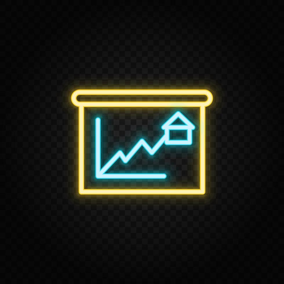 Real estate vector growth, house, market. Illustration neon blue, yellow, red icon set