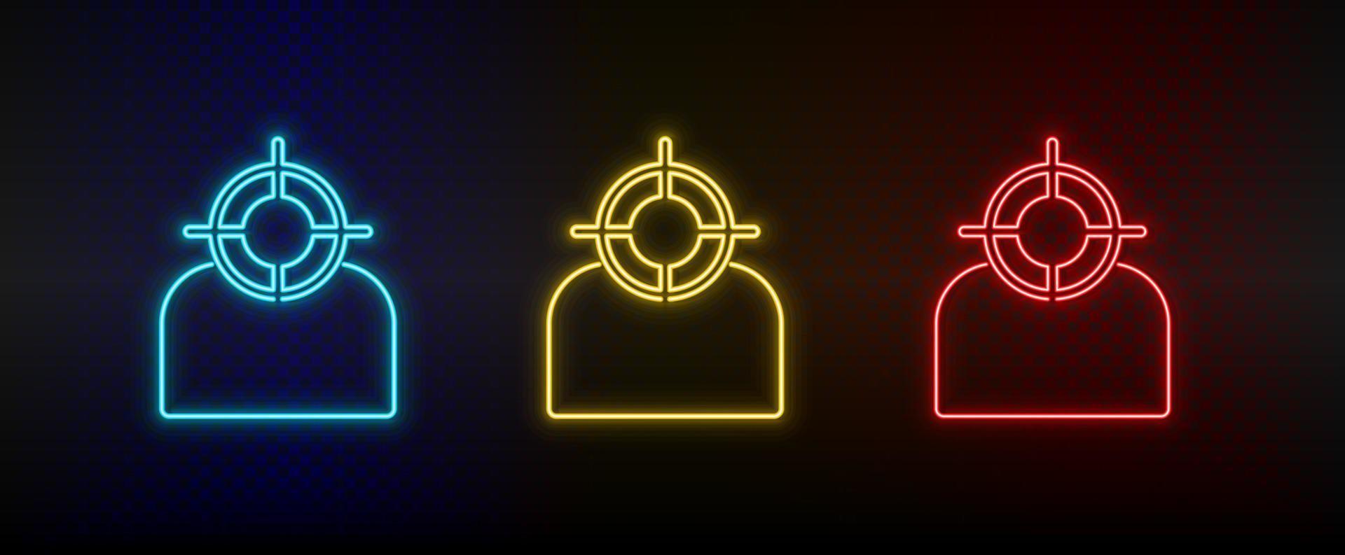 Neon icon set target, user. Set of red, blue, yellow neon vector icon on dark transparent background