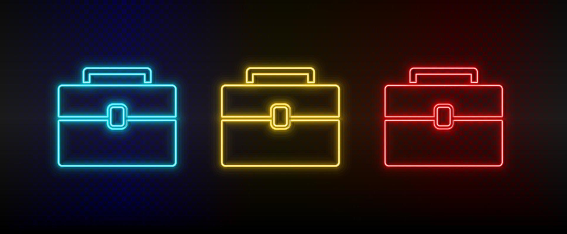 Neon icon set briefcase, bag. Set of red, blue, yellow neon vector icon on dark transparent background