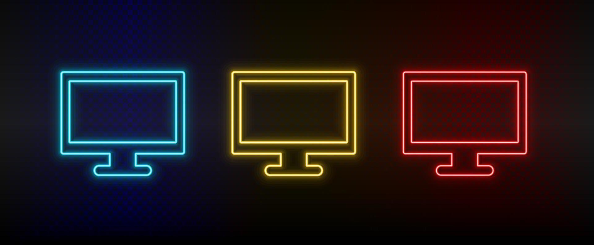 Neon icon set computer. Set of red, blue, yellow neon vector icon on dark transparent background